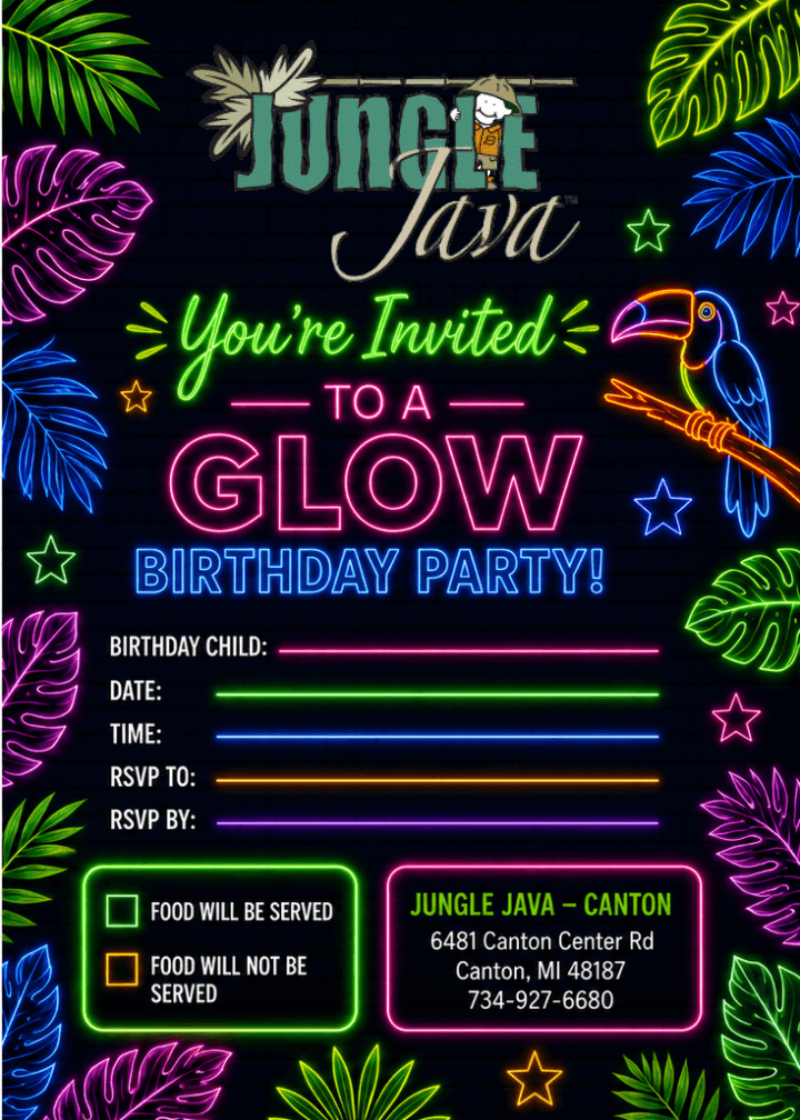 Download Jungle Java Invitations - Jungle-Java-GLOW-party-invite